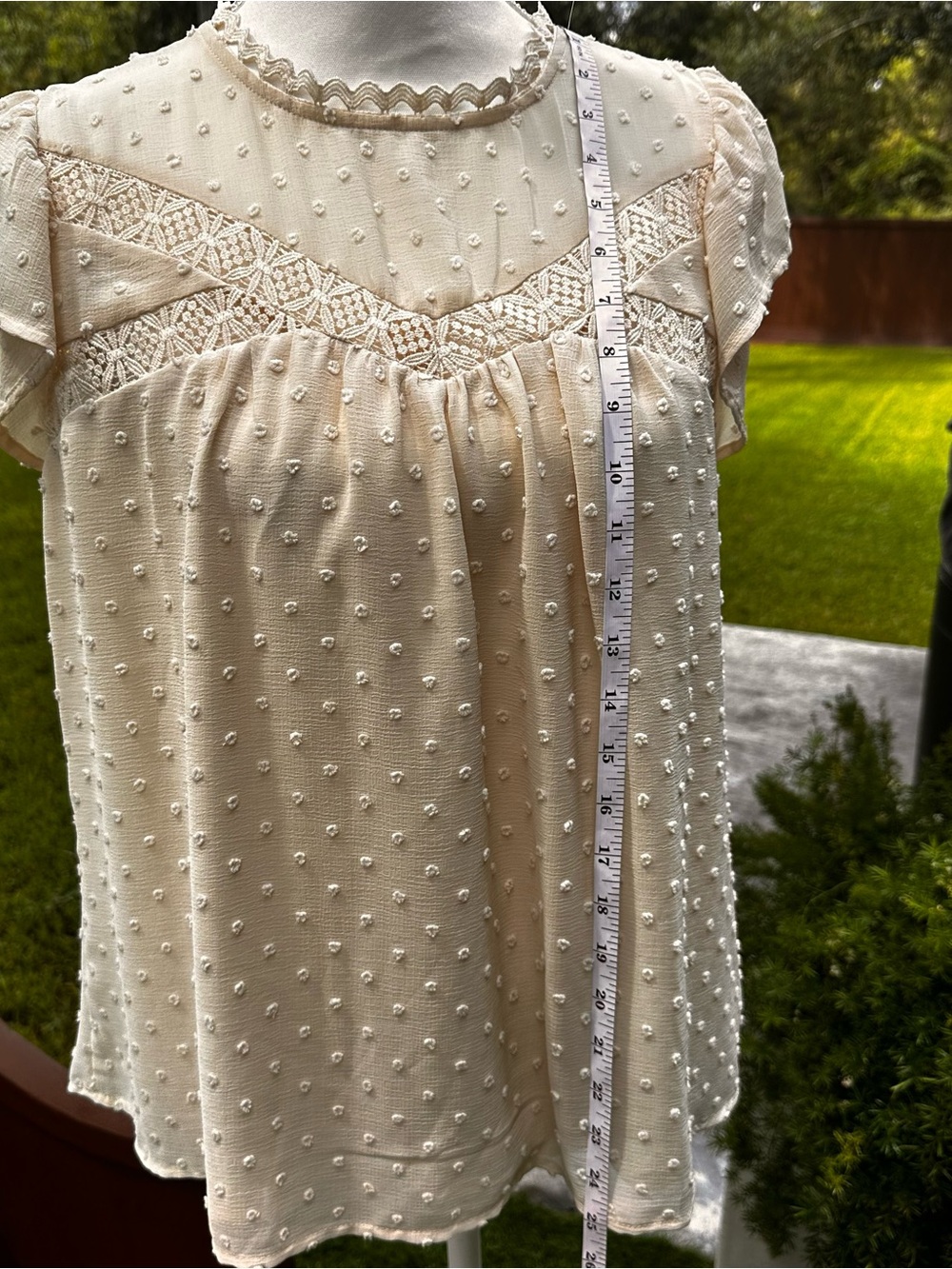 mine Ivory Swiss Dot Lace Yoke Short Sleeve Blouse